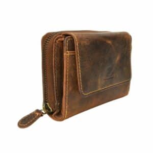 Greenburry Vintage Portemonnaie groß. Slow Fashion Geldbörse aus Naturleder mit vielen Kartenfächer, RFID Schutz, Münzfach mit Reißverschluss. Aus Echtem Leder, Rindleder. Farbe braun, Sattelbraun. Lederwaren Ostwestfalen, Lederdeele aus Delbrück Paderborn. Ansicht Außenansicht