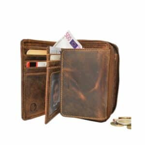 Greenburry Vintage Portemonnaie groß. Slow Fashion Geldbörse aus Naturleder mit vielen Kartenfächer, RFID Schutz, Münzfach mit Reißverschluss. Aus Echtem Leder, Rindleder. Farbe braun, Sattelbraun. Lederwaren Ostwestfalen, Lederdeele aus Delbrück Paderborn. Ansicht Innenansicht