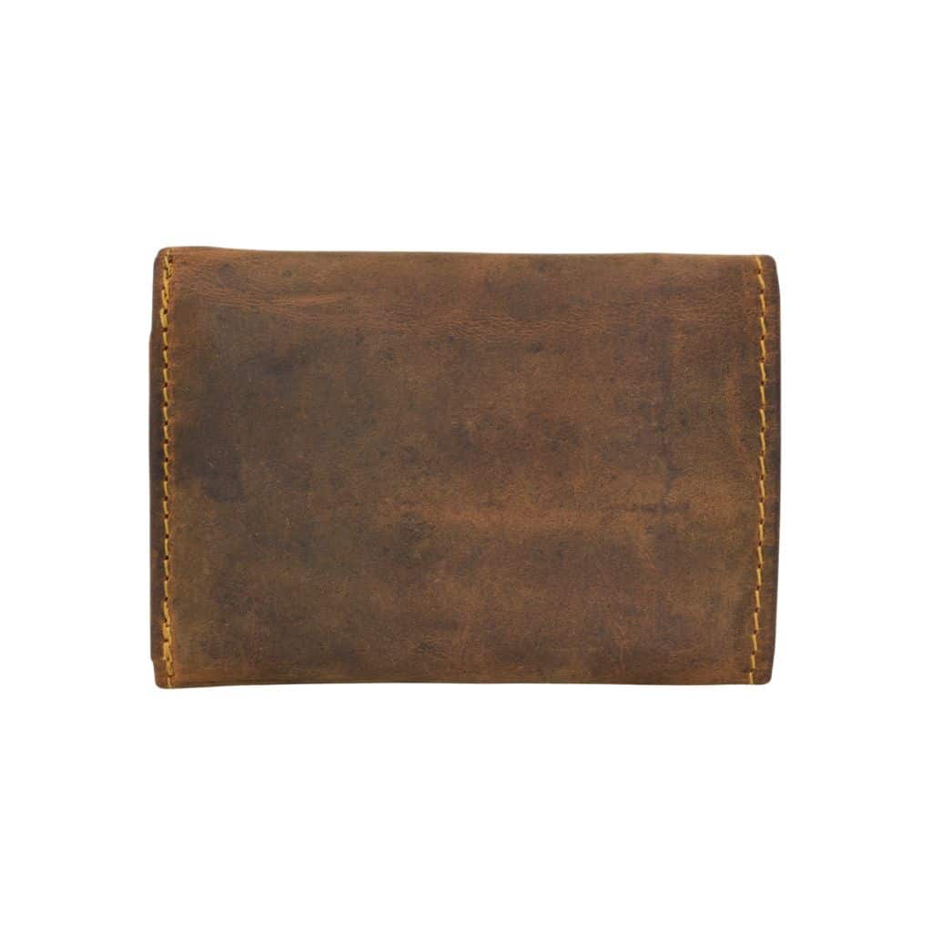 Greenburry Wickelbörse S - Minibörse aus naturbelassenem Rindleder. Kleines Portemonnaie aus echtem Leder. Geldbörse im Vintage Look. Farbe braun, Sattelbraun. Slow Fashion Lederwaren Ostwestfalen, Lederdeele aus Delbrück Paderborn. Ansicht Rückseite