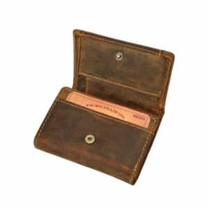 Greenburry Wickelbörse S - Minibörse aus naturbelassenem Rindleder. Kleines Portemonnaie aus echtem Leder. Geldbörse im Vintage Look. Farbe braun, Sattelbraun. Slow Fashion Lederwaren Ostwestfalen, Lederdeele aus Delbrück Paderborn. Ansicht Kartenfach