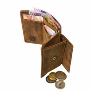 Greenburry Wickelbörse S - Minibörse aus naturbelassenem Rindleder. Kleines Portemonnaie aus echtem Leder. Geldbörse im Vintage Look. Farbe braun, Sattelbraun. Slow Fashion Lederwaren Ostwestfalen, Lederdeele aus Delbrück Paderborn. Ansicht Innenansicht