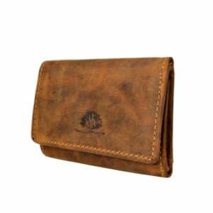 Greenburry Wickelbörse XS - Minibörse aus naturbelassenem Rindleder. Kleines Portemonnaie aus echtem Leder. Geldbörse im Vintage Look. Farbe braun, Sattelbraun. Slow Fashion Lederwaren Ostwestfalen, Lederdeele aus Delbrück Paderborn. Ansicht Vorderseite