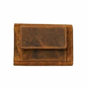 Greenburry Wickelbörse XS - Minibörse aus naturbelassenem Rindleder. Kleines Portemonnaie aus echtem Leder. Geldbörse im Vintage Look. Farbe braun, Sattelbraun. Slow Fashion Lederwaren Ostwestfalen, Lederdeele aus Delbrück Paderborn. Ansicht Münzfach