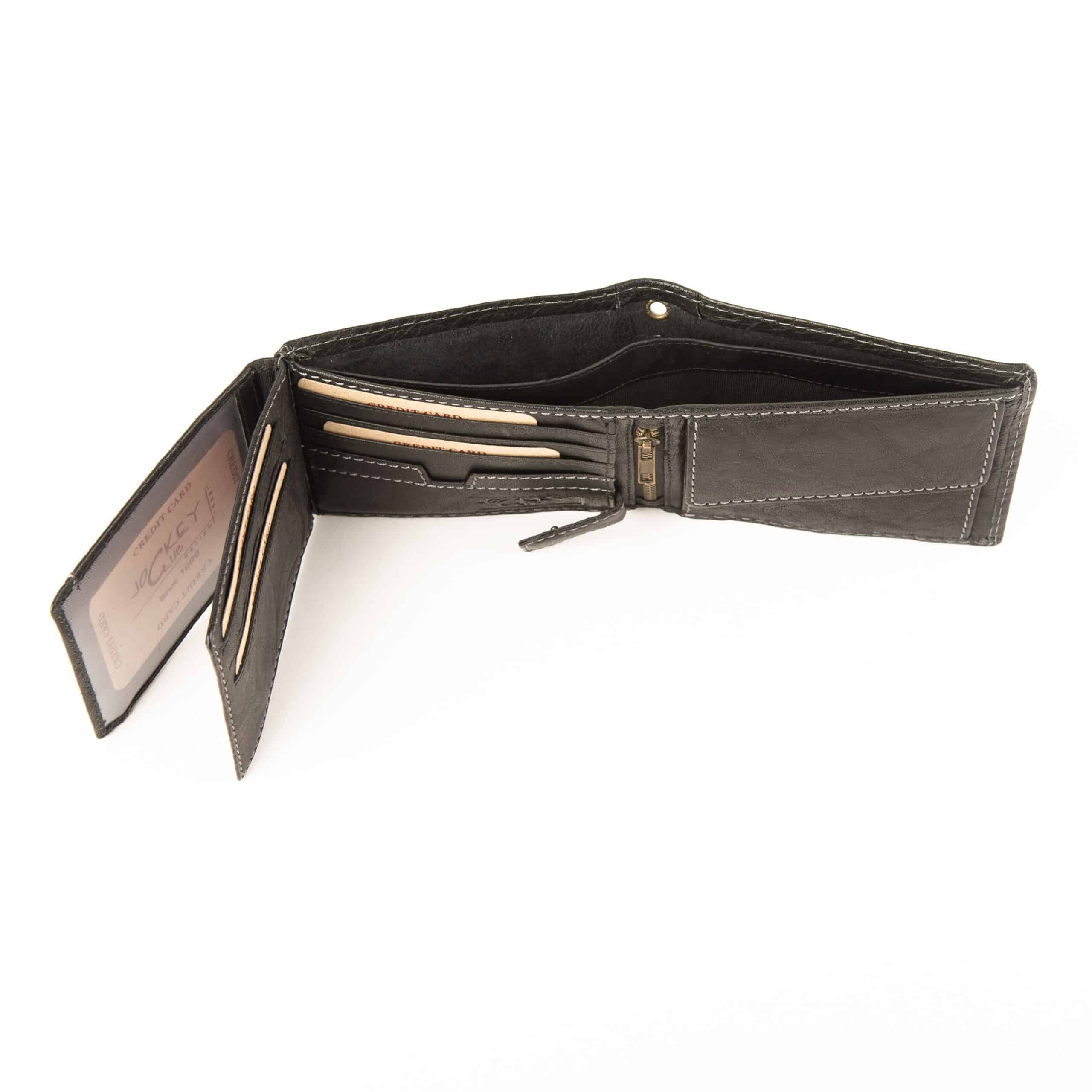 Jockey Club Riegelbörse Buffalo im Querformat. Leder Geldbörse für Herren aus festem Büffelleder. Echtleder Portemonnaie mit Öse. Farbe schwarz. Lederwaren Ostwestfalen, Lederdeele aus Delbrück Paderborn. Ansicht Scheinfach