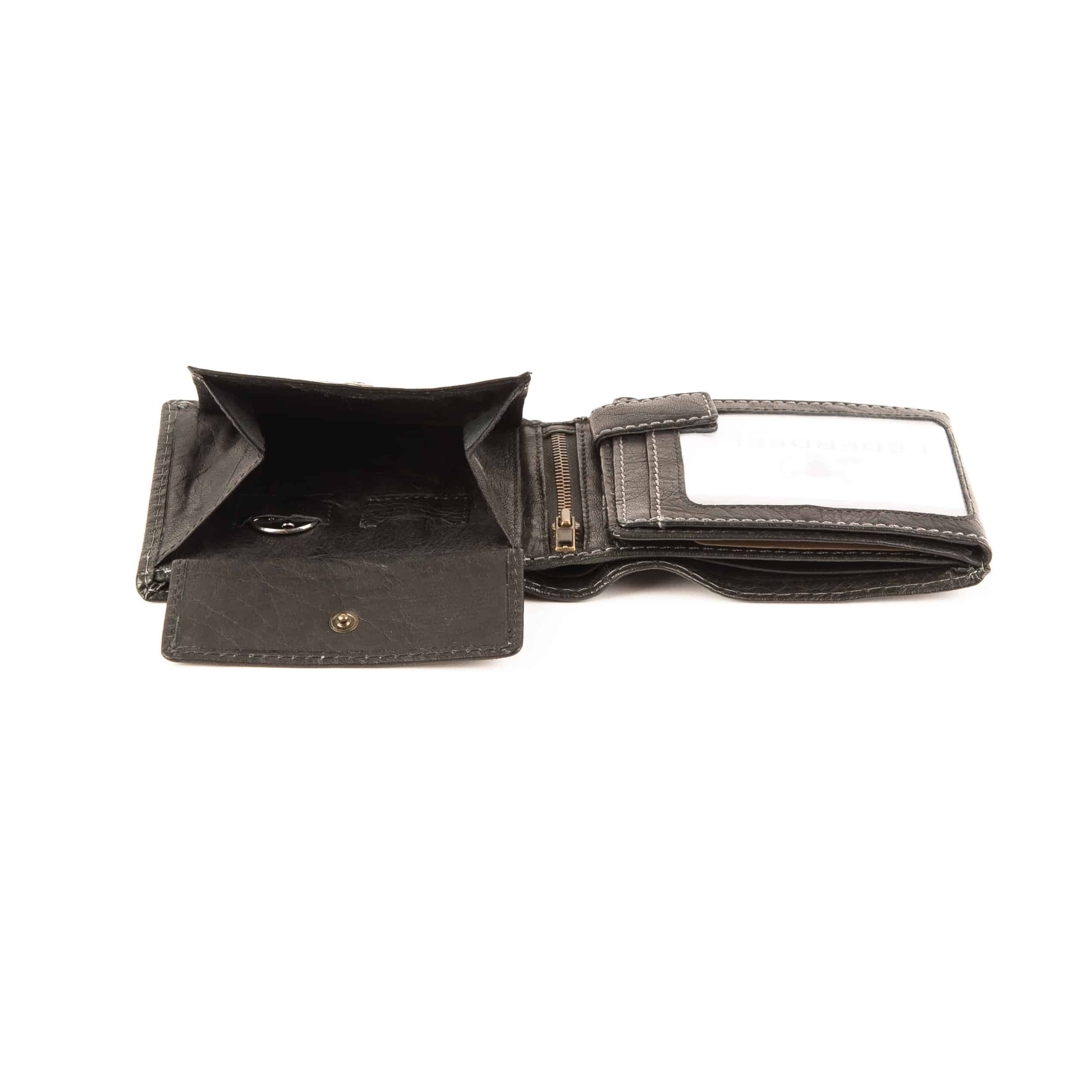 Jockey Club Riegelbörse Buffalo im Querformat. Leder Geldbörse für Herren aus festem Büffelleder. Echtleder Portemonnaie mit Öse. Farbe schwarz. Lederwaren Ostwestfalen, Lederdeele aus Delbrück Paderborn. Ansicht Münzfach