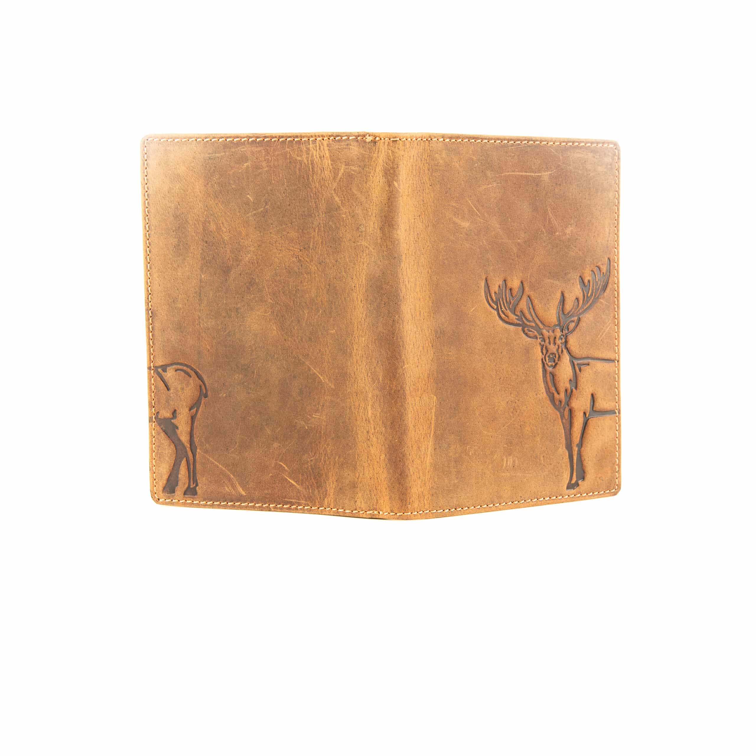 Jockey Club Brieftasche Hirsch. Ausweismappe aus festem Büffelleder. Natur Leder in Vintage Optik. Dokumentenmappe, Unterlagen, Jagd. Farbe Cognac Braun. Lederwaren Ostwestfalen, Lederdeele in Delbrück Paderborn. Ansicht Rückseite