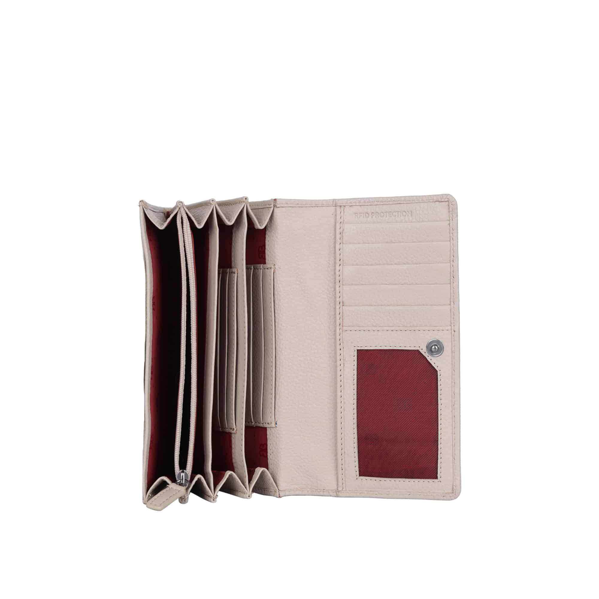 Bellicci Damenbörse Calista aus feinem Rindleder. Lange Geldbörse mit Überschlag, Münzfach mit Reißverschluss. Echtleder Portemonnaie für Damen mit RFID Schutz. Slow Fashion. Farbe Beige. Lederwaren Ostwestfalen, Lederdeele Delbrück Paderborn. Ansicht Scheinfächer