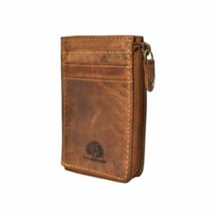 Greenburry Münzbörse mit Karten. Kleine Geldbörse aus naturbelassenem Rindleder. Vintage Portemonnaie für Bargeld und Kreditkarten. Slow Fashion. Farbe Sattelbraun. Lederwaren Ostwestfalen, Lederdeele Delbrück, Paderborn. Ansicht Vorderseite
