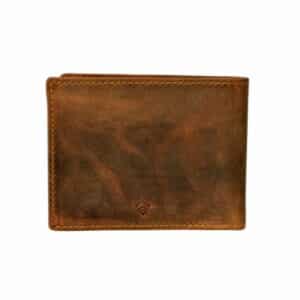 Greenburry flache Scheintasche Vintage aus kräftigem Rindleder. Leder Portemonnaie im Querformat für Herren mit wenig Karten. Slow Fashion Geldbörse mit RFID Schutz. Farbe braun, sattelbraun, vintage Antik. Lederwaren Ostwestfalen, Lederdeele Delbrück Paderborn. Ansicht Rückseite
