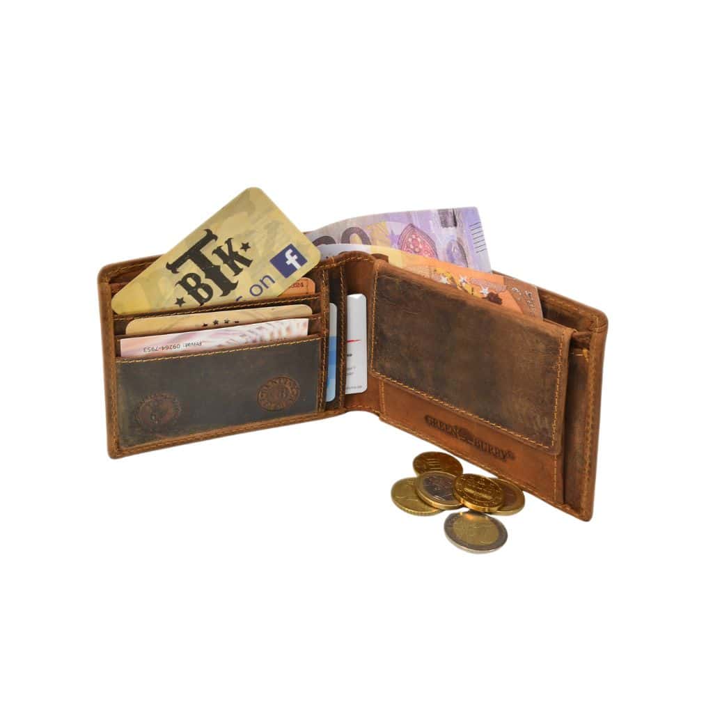 Greenburry flache Scheintasche Vintage aus kräftigem Rindleder. Leder Portemonnaie im Querformat für Herren mit wenig Karten. Slow Fashion Geldbörse mit RFID Schutz. Farbe braun, sattelbraun, vintage Antik. Lederwaren Ostwestfalen, Lederdeele Delbrück Paderborn. Ansicht Kartenfächer