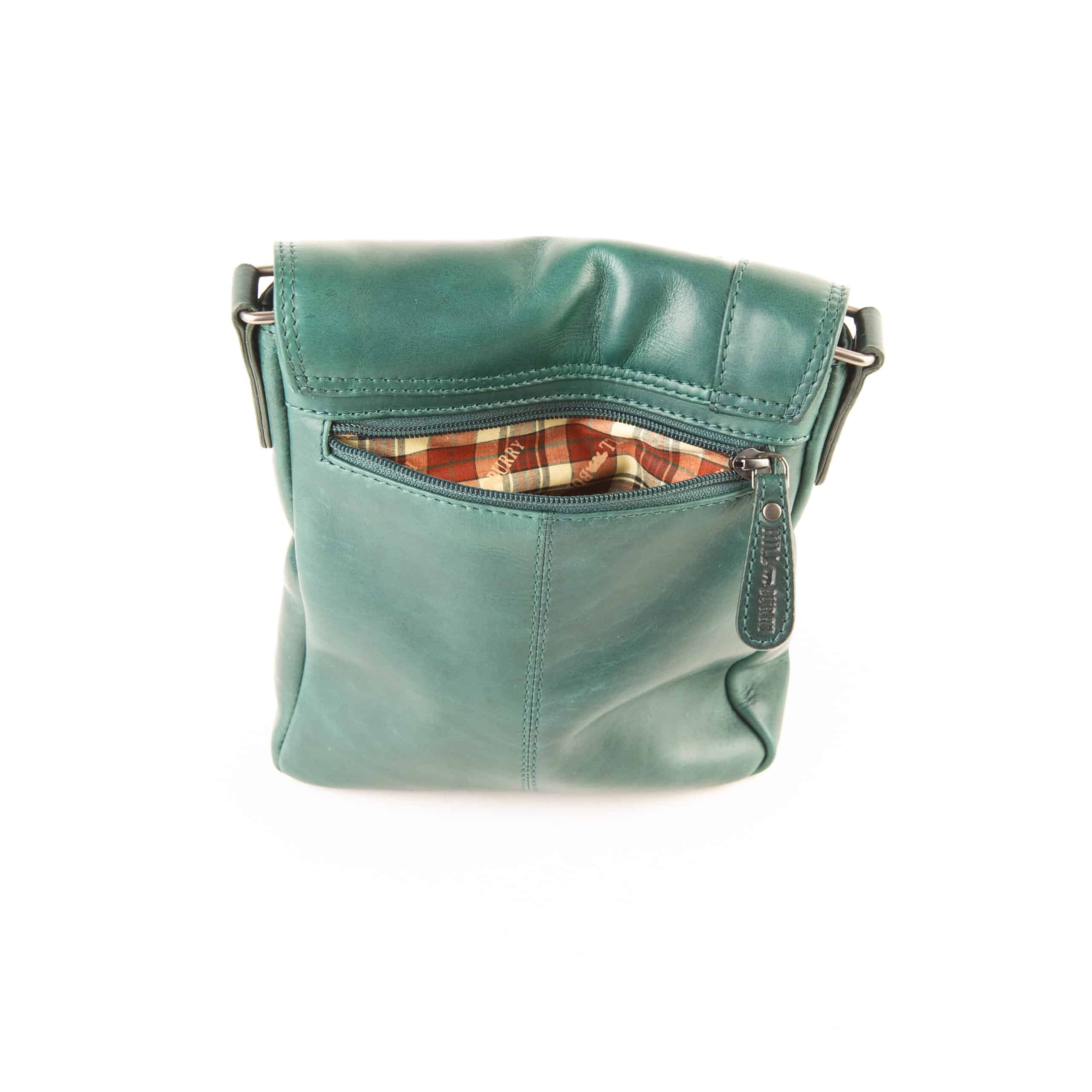 Hill Burry Umhängetasche Glattleder_Ledertasche_Tasche_Echtleder_Rindleder_petrol_Lederwaren_Ostwestfalen_Lederdeele_Delbrück_Paderborn_05 Hill Burry Umhängetasche Glattleder, Ledertasche für Damen. Rindleder Tasche mit kariertem Innenfutter aus Baumwolle. Farbe Petrol. Lederwaren Ostwestfalen, Lederdeele Delbrück Paderborn. Ansicht Rückseite Reißverschlussfach