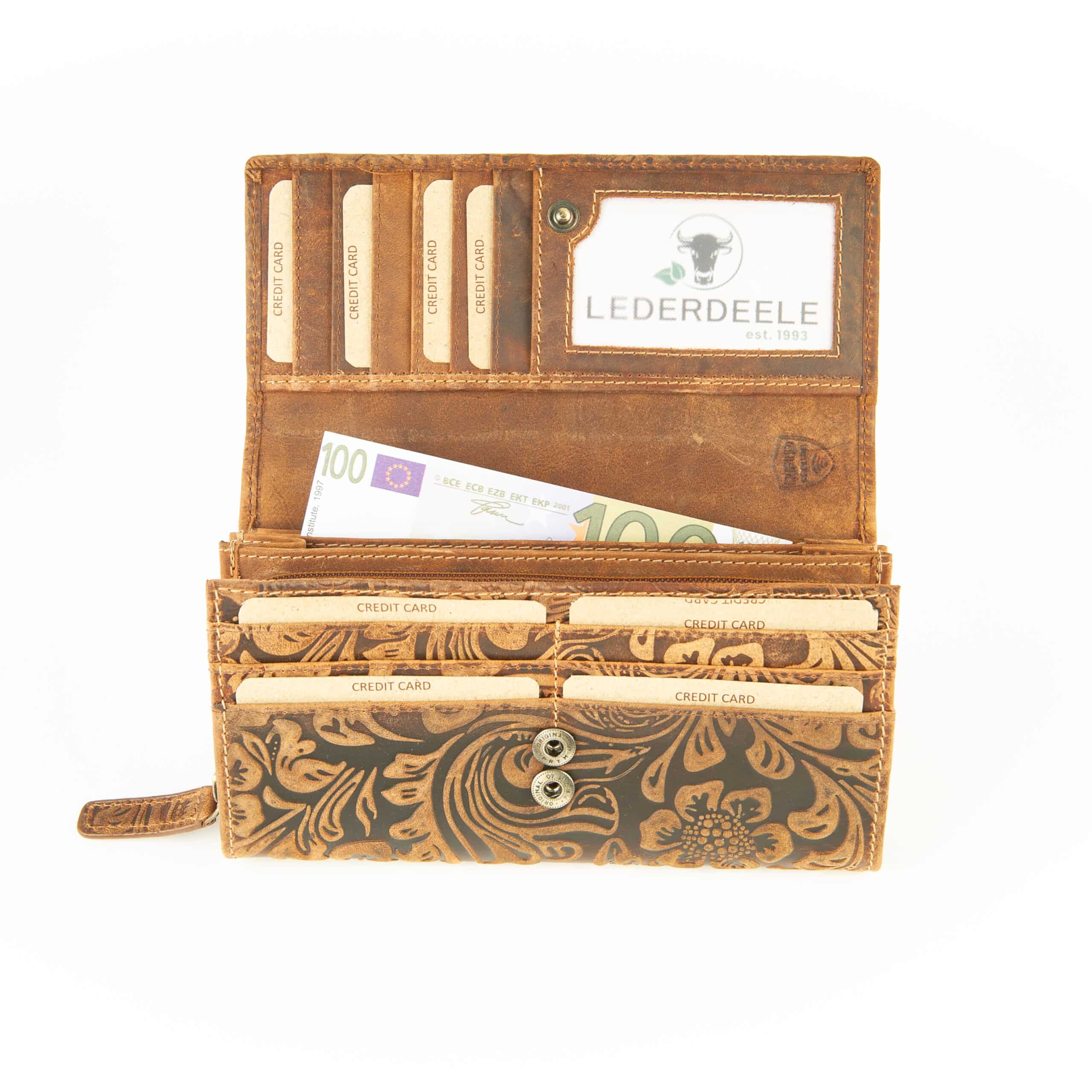 Jockey Club Portemonnaie Floral_Geldbörse_Damen_groß_Echtleder_RFID_slow Fashion_cognac_Prägung_Naturleder_Lederwaren_Ostwestfalen_Lederdeele_Delbrück_Paderborn_09 Jockey Club Portemonnaie floral aus festem, naturbelassenem Rindleder. Blumenprägung auf der Oberfläche, slow Fashion und langlebig. RFID geschütztes Damen Portemonnaie in cognac braun. Lange Geldbörse mit Reißverschluss. Lederwaren Ostwestfalen, Lederdeele Delbrück, Paderborn. Ansicht Innenansicht Steckfächer