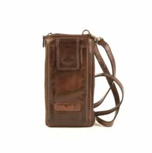 Hill Burry Handytasche aus Waschleder, Umhängetasche mit Portemonnaie und Steckfach für das Smartphone. Geldbörse zum Umhängen mit RFID Schutz aus Echtleder, Rindleder für Damen., slow Fashion. Farbe braun. Lederwaren Ostwestfalen, Lederdeele Delbrück, Paderborn. Ansicht Vorderseite mit langem Tragegurt