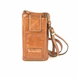 Hill Burry Handytasche aus Waschleder, Umhängetasche mit Portemonnaie und Steckfach für das Smartphone. Geldbörse zum Umhängen mit RFID Schutz aus Echtleder, Rindleder für Damen., slow Fashion. Farbe cognac. Lederwaren Ostwestfalen, Lederdeele Delbrück, Paderborn. Ansicht Vorderseite