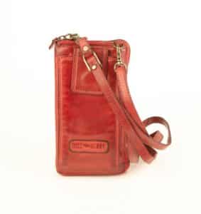 Hill Burry Handytasche aus Waschleder, Umhängetasche mit Portemonnaie und Steckfach für das Smartphone. Geldbörse zum Umhängen mit RFID Schutz aus Echtleder, Rindleder für Damen., slow Fashion. Farbe rot. Lederwaren Ostwestfalen, Lederdeele Delbrück, Paderborn. Ansicht Vorderseite
