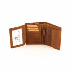 Jockey Club Geldbörse Ruhrpott Liebe, Förderturm im Ruhrgebiet, Echtleder Portemonnaie aus Büffelleder, Slow Fashion mit RFID Schutz. Farbe cognac, Hochformat. Lederwaren Ostwestfalen, Lederdeele Delbrück. Ansicht Innenansicht Kartenfächer