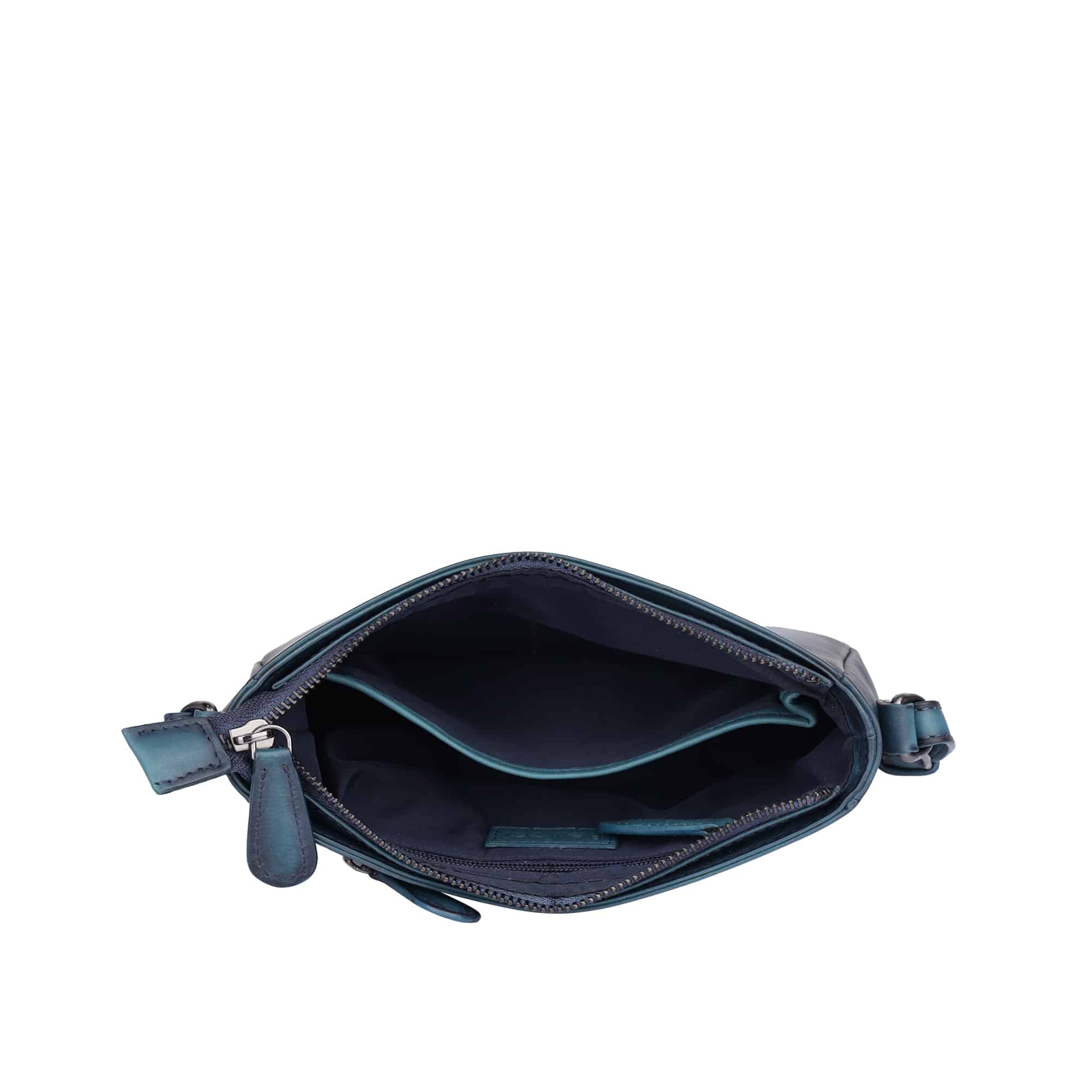 Bellicci Damenhandtasche Keats, blau, Echtleder Handtasche Damen, Abendtasche, Ledertasche. Lederdeele Engelmeier, Delbrück Paderborn. Lederwaren Ostwestfalen_06 Bellicci Damenhandtasche Keats aus pflanzlich gegerbtem Rindleder und Baumwolle. Kleine Abendtasche aus qualifiziertem Echtleder. Ledertasche für Damen im Querformat. Hauptfach mit Reißverschluss, schlicht und elegantes Design. Farbe blau. Lederwaren Ostwestfalen, Lederdeele Delbrück, Paderborn. Ansicht Innenansicht