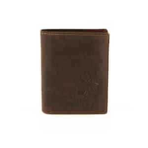 Jockey Club Geldbörse Husky im Hochformat. Herrenbörse in der Farbe braun, vintage Leder mit Motiv Wolfshund und Pfoten Abdrücke. Motivbörse aus Büffelleder mit Innenriegel und RFID Schutz. Portemonnaie für Herren. Lederwaren Ostwestfalen, Lederdeele in 33129 Delbrück, Kreis Paderborn. Ansicht Vorderseite