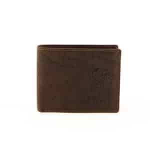 Jockey Club Geldbörse Husky im Querformat. Herrenbörse in der Farbe braun, vintage Leder mit Motiv Wolfshund und Pfoten Abdrücke. Motivbörse aus Büffelleder mit Innenriegel und RFID Schutz. Portemonnaie für Herren. Lederwaren Ostwestfalen, Lederdeele in 33129 Delbrück, Kreis Paderborn. Ansicht Vorderseite