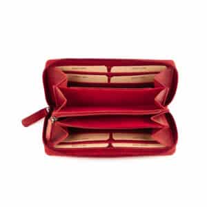 Jockey Club Toro Reißverschlussbörse in rot. Portemonnaie für Damen aus pflanzlich gegerbtem Rindleder. Naturleder, Slow Fashion, Vintage. Lange Damenbörse mit rundum Reißverschluss. Lederdeele Delbrück, Paderborn. Lederwaren in Ostwestfalen. Ansicht Innenansicht Steckfächer