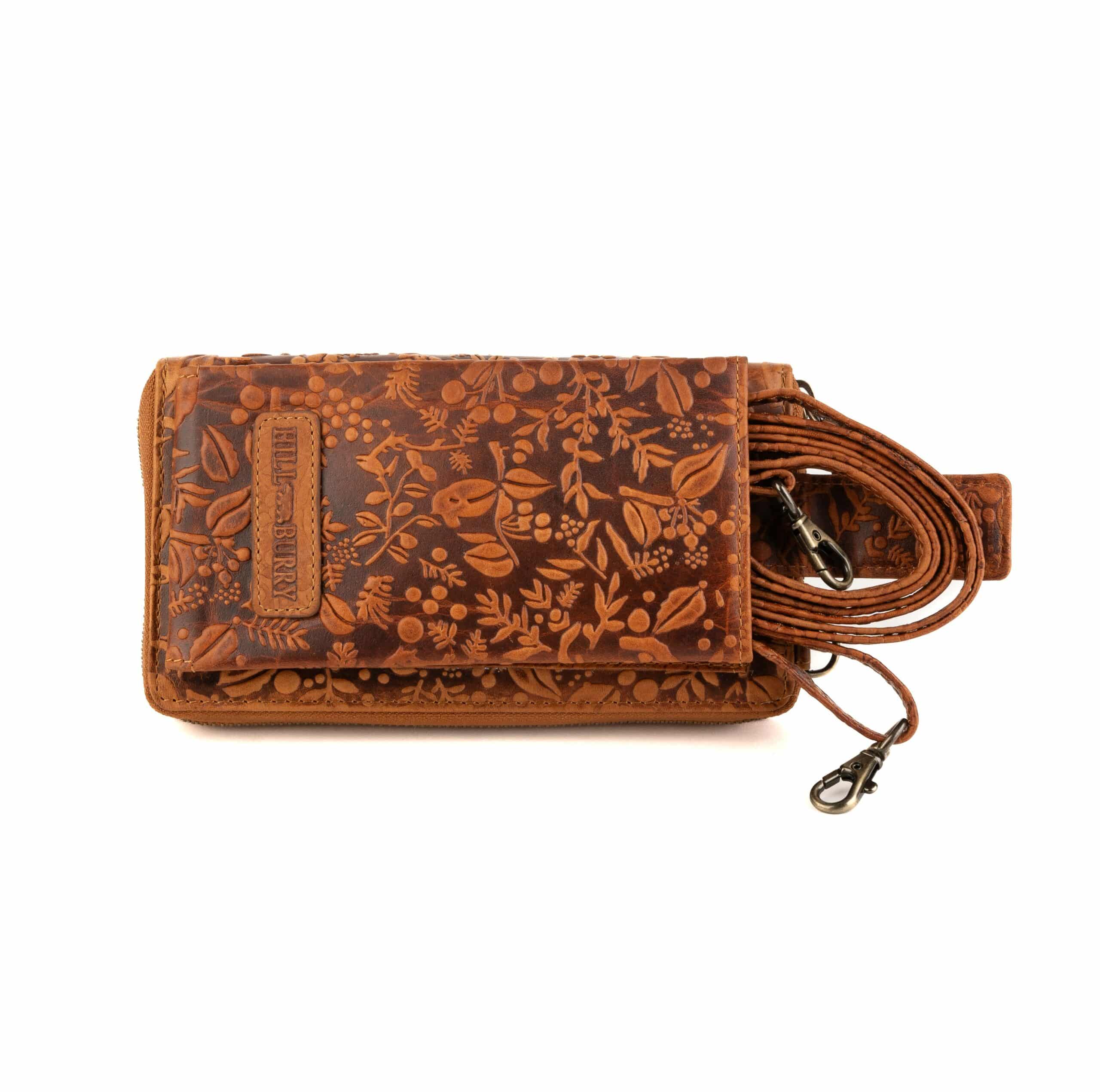 Handytasche mit Portemonnaie Floral zum Umhängen. Geldbörse, Smartphonefach. Braun. RFID Damentasche, Leder online kaufen. Lederdeele Delbrück_03 Handytasche mit Portemonnaie zum Umhängen, Floral. Farbe Braun. Kombination aus Geldbörse und Smartphone Fach mit floraler Blumenprägung. Rindleder Tasche für Damen mit RFID Schutz und 14 Kartensteckfächer. Jetzt online kaufen bei Lederdeele Engelmeier aus Delbrück, Paderborn. Ansicht Steckfach Vorderseite