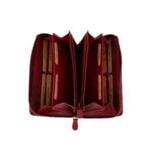 Handytasche mit Portemonnaie zum Umhängen, Floral. Farbe Rot. Kombination aus Geldbörse und Smartphone Fach mit floraler Blumenprägung. Rindleder Tasche für Damen mit RFID Schutz und 14 Kartensteckfächer. Jetzt online kaufen bei Lederdeele Engelmeier aus Delbrück, Paderborn. Ansicht Münzfach mit Reißverschluss