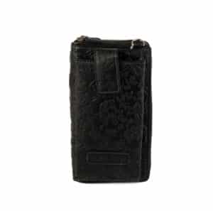 Handytasche mit Portemonnaie zum Umhängen, Floral. Farbe Schwarz. Kombination aus Geldbörse und Smartphone Fach mit floraler Blumenprägung. Rindleder Tasche für Damen mit RFID Schutz und 14 Kartensteckfächer. Jetzt online kaufen bei Lederdeele Engelmeier aus Delbrück, Paderborn. Ansicht Vorderseite
