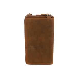 Handytasche mit Portemonnaie zum Umhängen, Vintage Look. Kombination aus Geldbörse und Smartphone Fach aus naturbelassenem Vintage Hunterleder. Rindleder Tasche für Damen mit RFID Schutz und 14 Kartensteckfächer. Jetzt online kaufen bei Lederdeele Engelmeier aus Delbrück, Paderborn. Ansicht Rückseite
