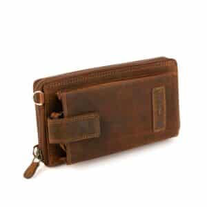 Handytasche mit Portemonnaie zum Umhängen, Vintage Look. Kombination aus Geldbörse und Smartphone Fach aus naturbelassenem Vintage Hunterleder. Rindleder Tasche für Damen mit RFID Schutz und 14 Kartensteckfächer. Jetzt online kaufen bei Lederdeele Engelmeier aus Delbrück, Paderborn. Ansicht Vorderseite