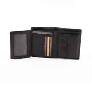 Hill Burry Herrenbörse im Hochformat. Elegantes Portemonnaie im schlicht schwarzen Design mit nahtloser Oberfläche. Geldbörse für Herren aus Rind-Nappa Leder mit RFID Schutz. Farbe schwarz. Jetzt kaufen bei Lederdeele Engelmeier aus Delbrück. Lederwaren Ostwestfalen. Ansicht Innenansicht Kartensteckfächer