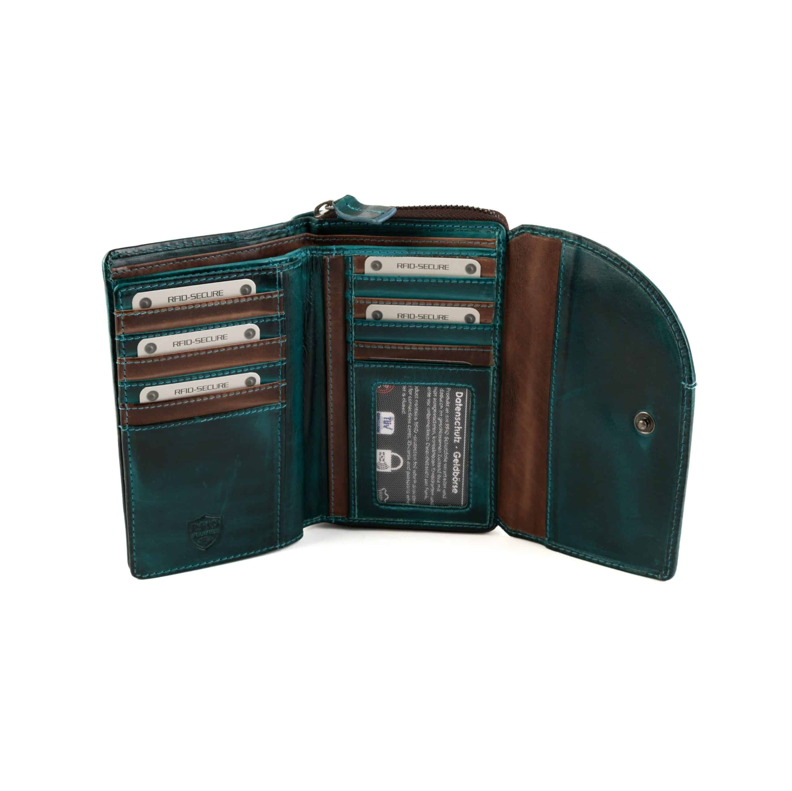 Jockey Club Damenbörse medium aus hochwertigem Rindleder. Echtleder Geldbörse in Petrol. Portemonnaie mit RFID Schutz und Münzfach mit Reißverschluss online kaufen bei Lederdeele Engelmeier aus Delbrück, Paderborn. Ansicht Innenansicht Kartenfächer