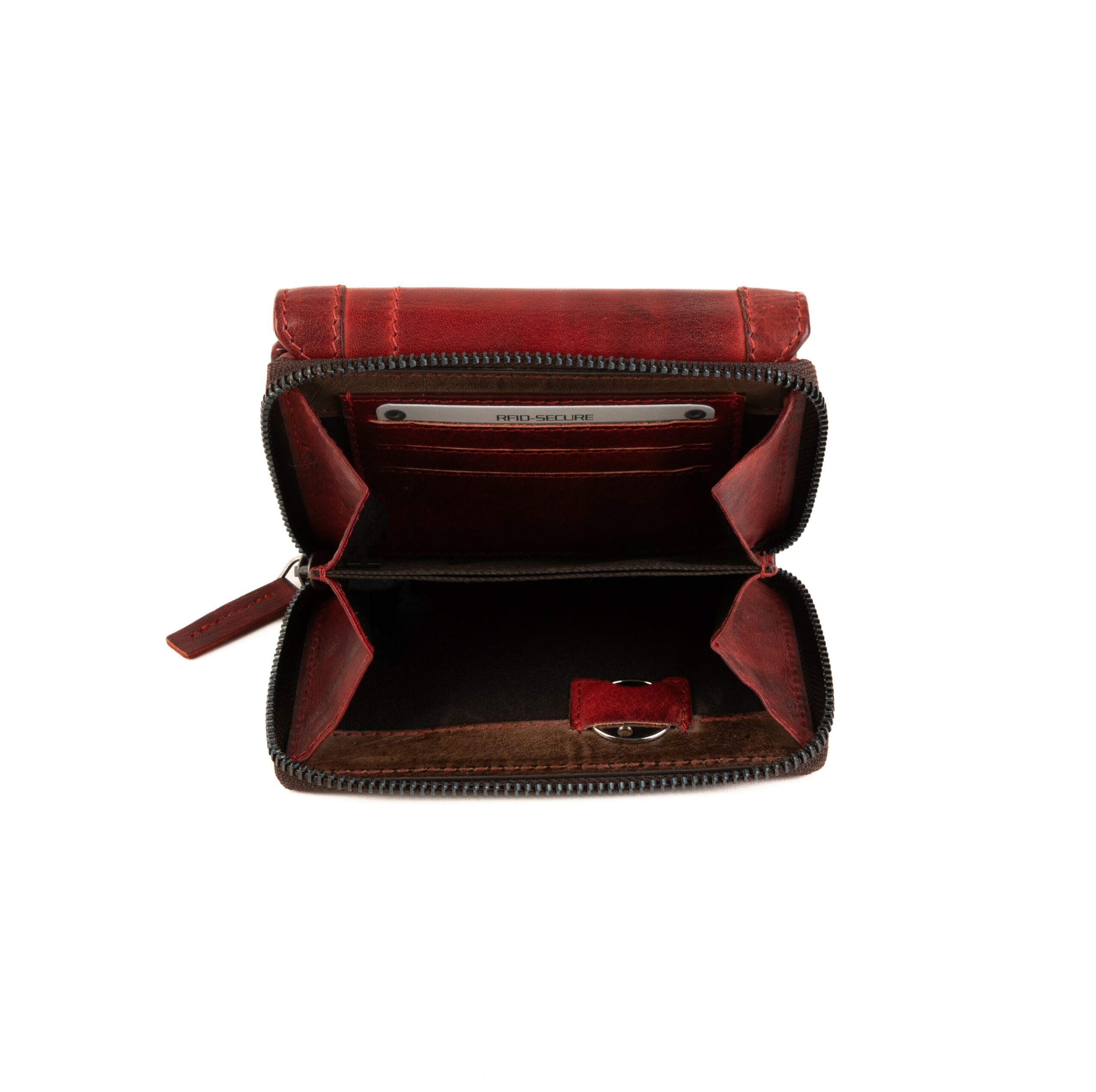 Jockey Club Damenbörse small. Echtleder Geldbörse Damen, rot. Portemonnaie mit RFID Schutz online kaufen. Lederdeele Engelmeier, Delbrück, Paderborn_07 Jockey Club Damenbörse small aus hochwertigem Rindleder. Echtleder Geldbörse in Rot. Portemonnaie mit RFID Schutz und Münzfach mit Reißverschluss online kaufen bei Lederdeele Engelmeier aus Delbrück, Paderborn. Ansicht Münzfach mit Unterteilung und Zipper