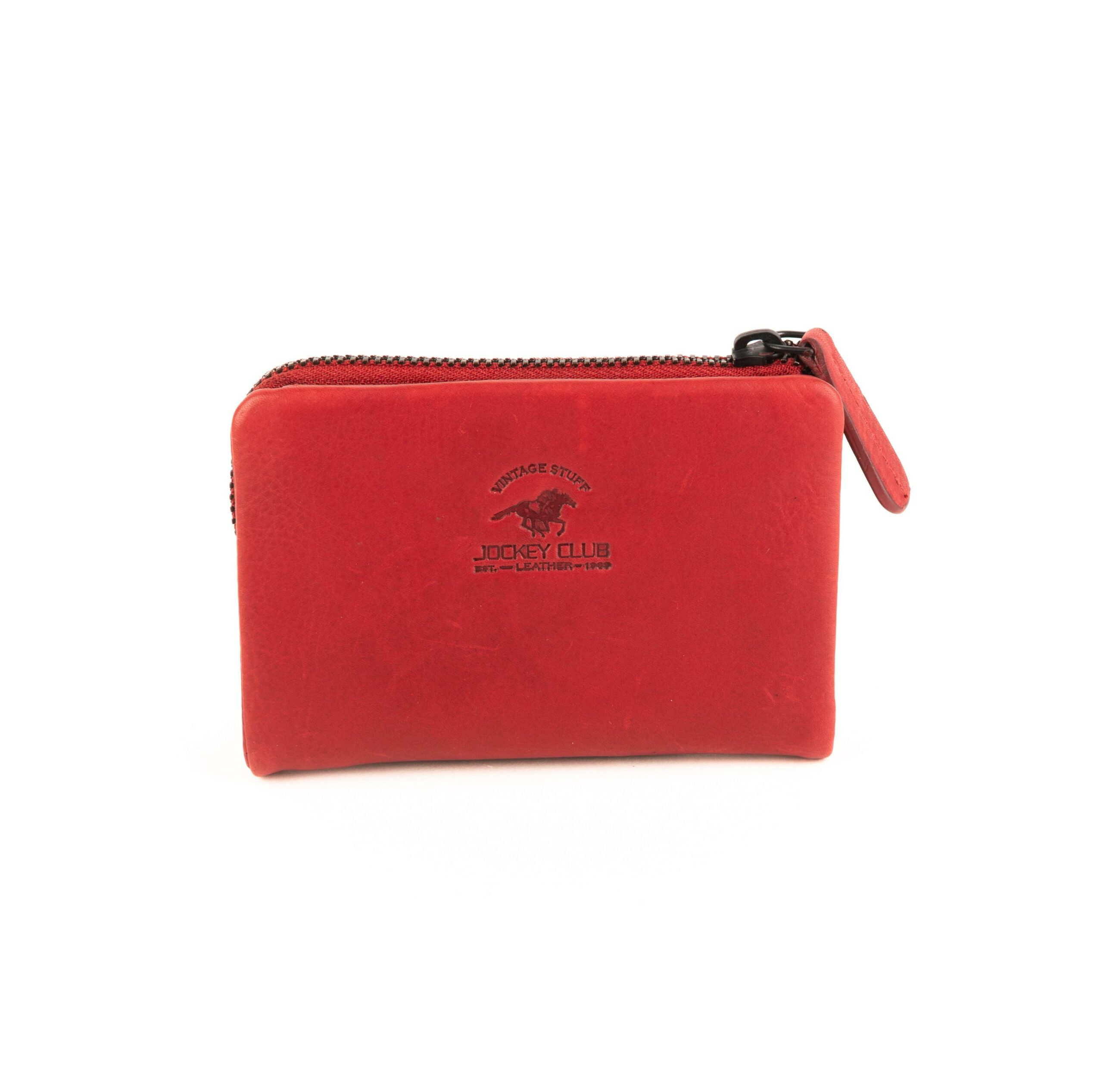 Jockey Club Retro Minibörse aus geöltem Rindleder. Kleines Portemonnaie für Damen mit Druckknopfverschluss und Münzfach mit Reißverschluss. Geldbörse mit RFID Schutz. Farbe Rot. Lederwaren Ostwestfalen. Damenbörse kaufen. Lederdeele Engelmeier Delbrück, Paderborn. Ansicht Vorderseite